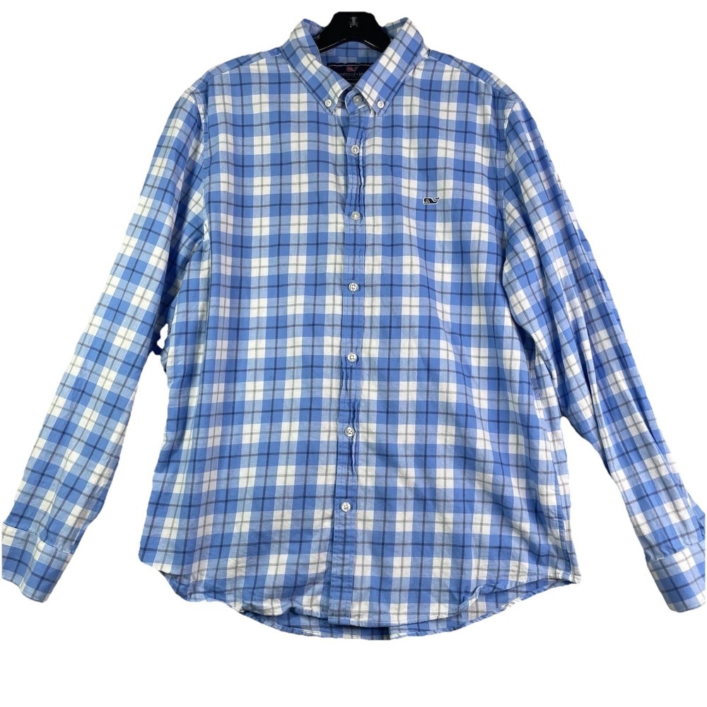 Vineyard Vines Shirt Men's L Slim Fit Whale Shirt Blue Plaid Cotton Preppy